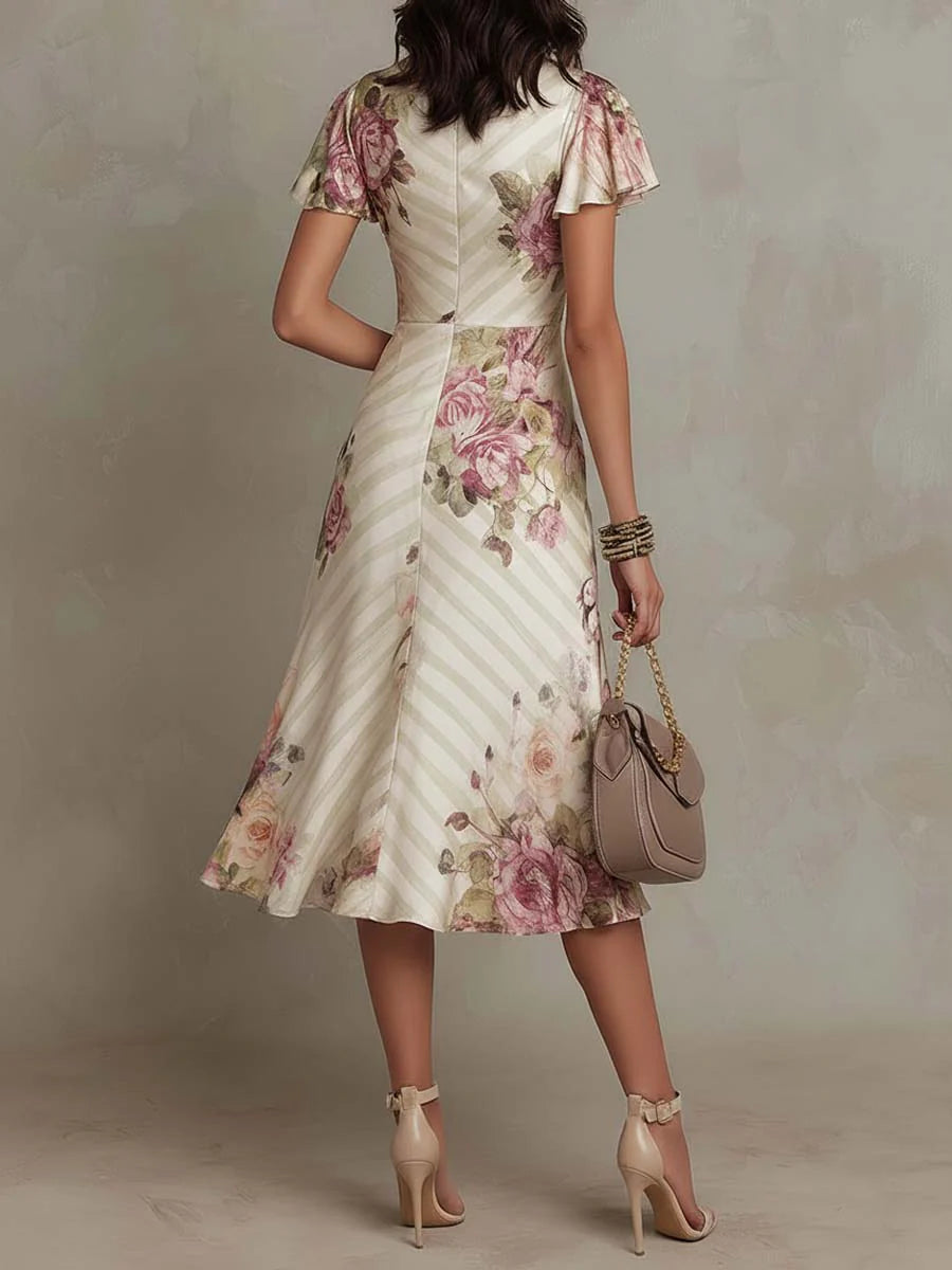 Luisa | Robe mi-longue en satin à motif floral rétro élégant