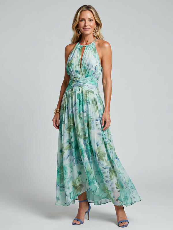 Chloé – Robe mi-longue plissée à encolure licou et doux motif floral