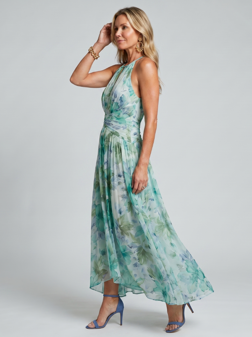 Chloé – Robe mi-longue plissée à encolure licou et doux motif floral