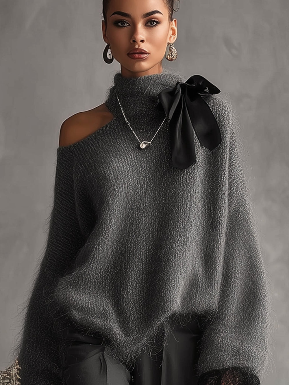 Chandail en tricot de mohair gris à poignets en dentelle