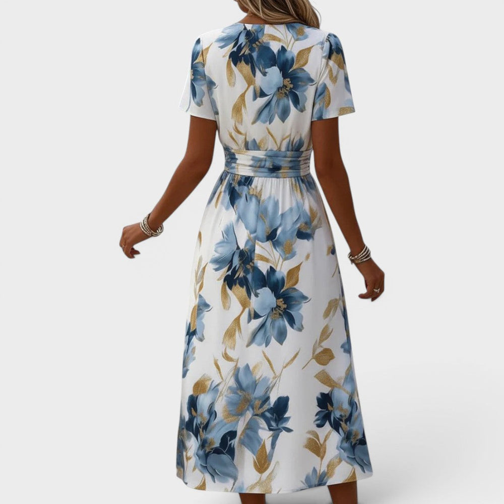 Claire | Robe midi portefeuille à taille froncée et imprimé floral