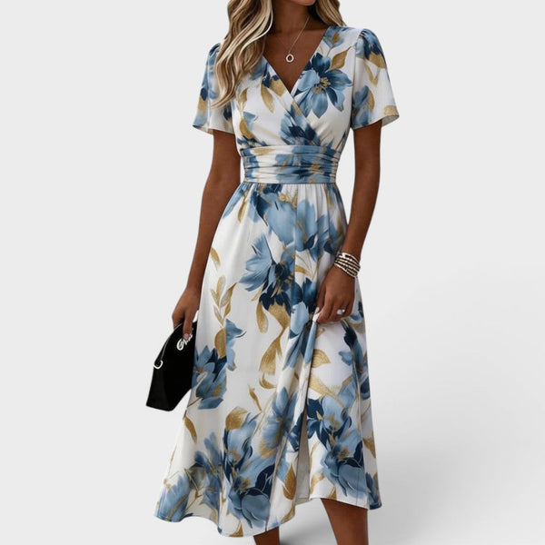Claire | Robe midi portefeuille à taille froncée et imprimé floral