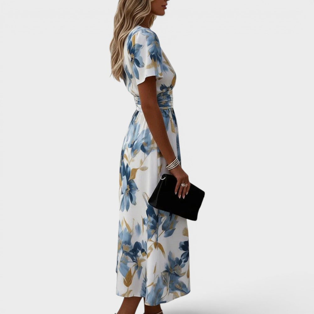 Claire | Robe midi portefeuille à taille froncée et imprimé floral