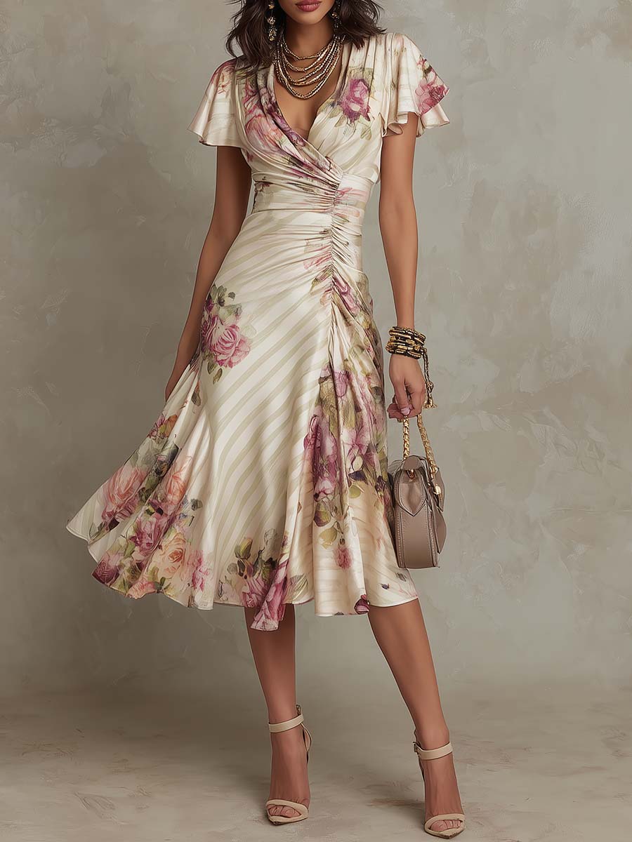 Luisa | Robe mi-longue en satin à motif floral rétro élégant