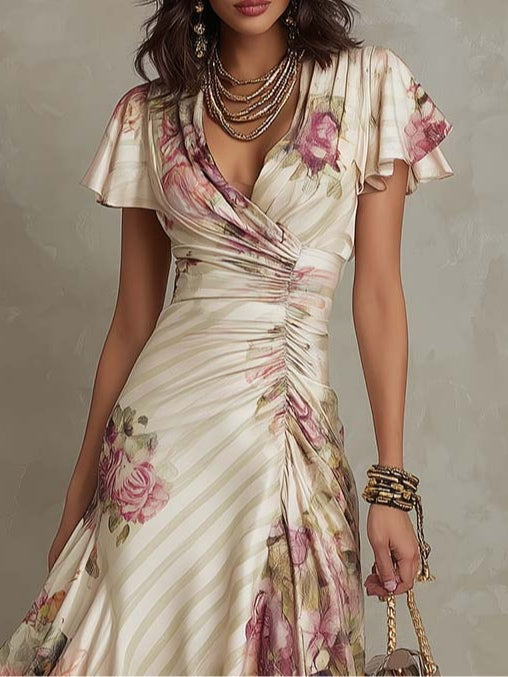 Luisa | Robe mi-longue en satin à motif floral rétro élégant