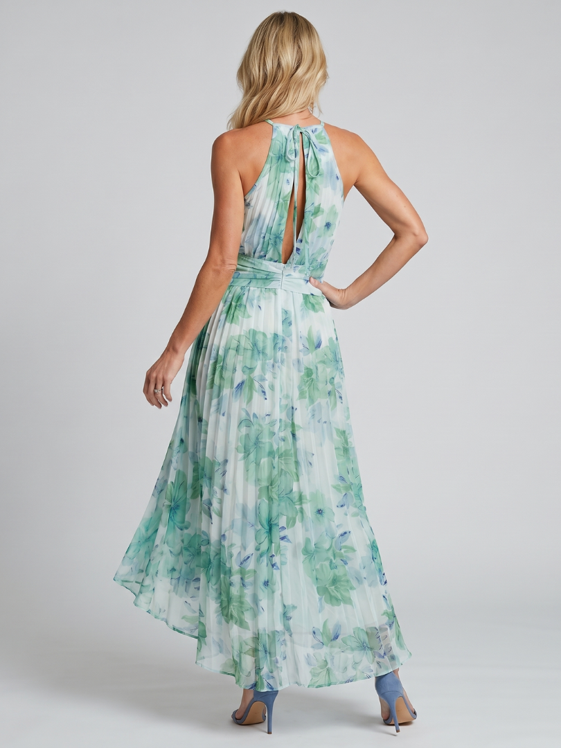 Chloé – Robe mi-longue plissée à encolure licou et doux motif floral