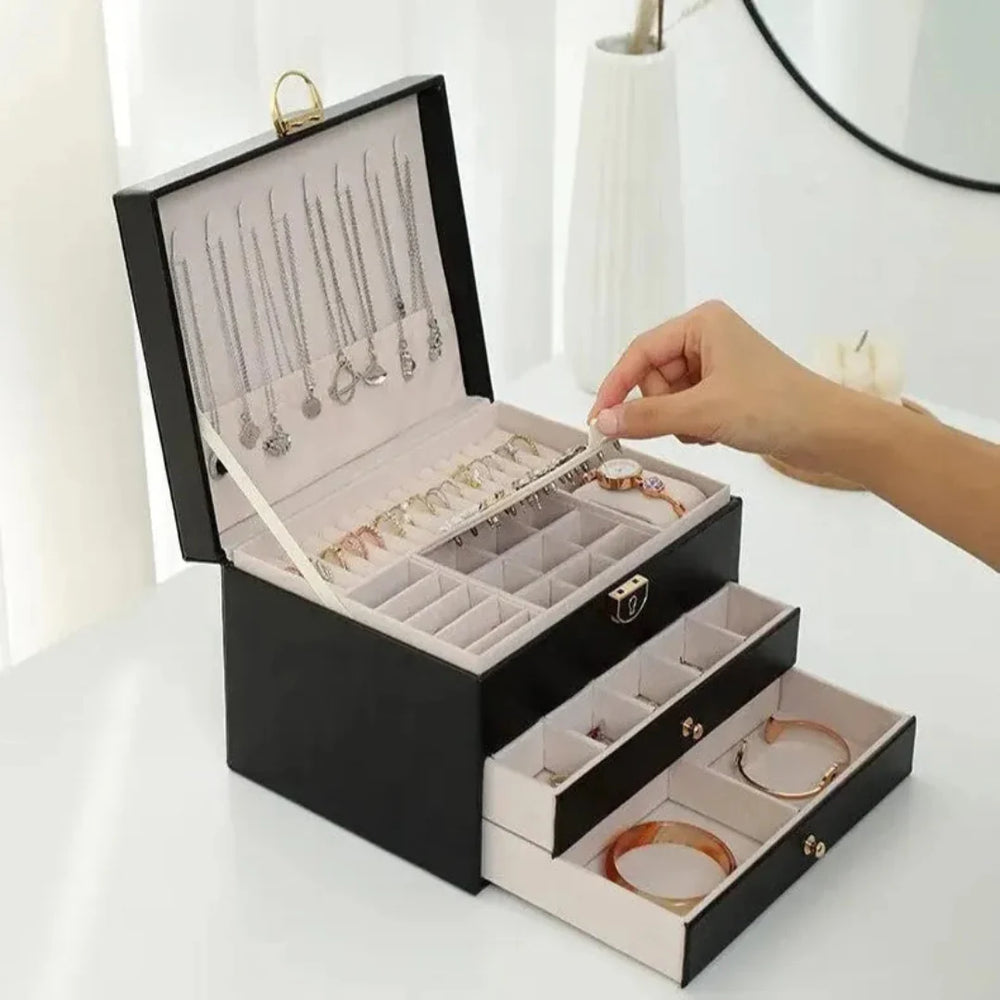 Coffret à bijoux en cuir multi-étages pour femme