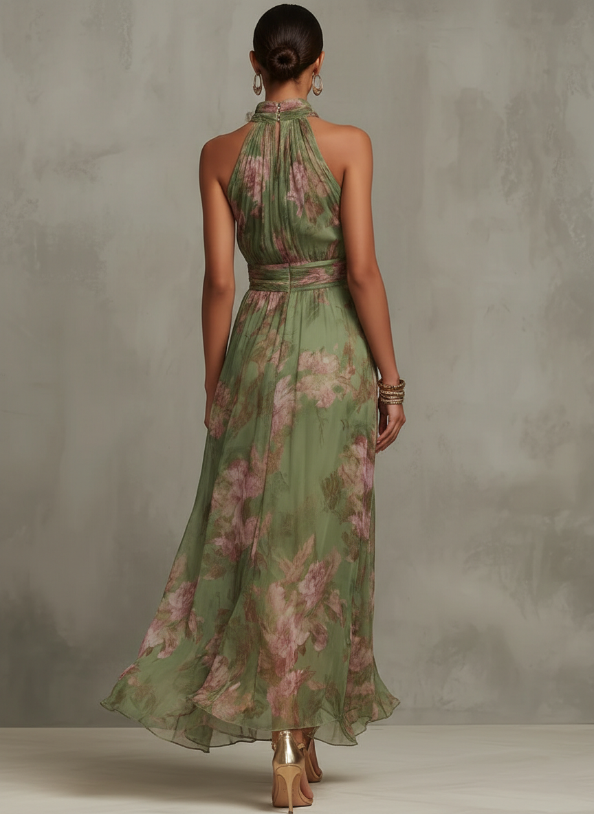 Sophie | Robe longue fleurie à encolure licou