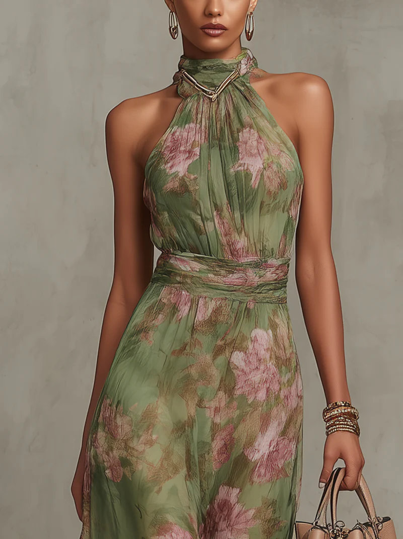 Sophie | Robe longue fleurie à encolure licou