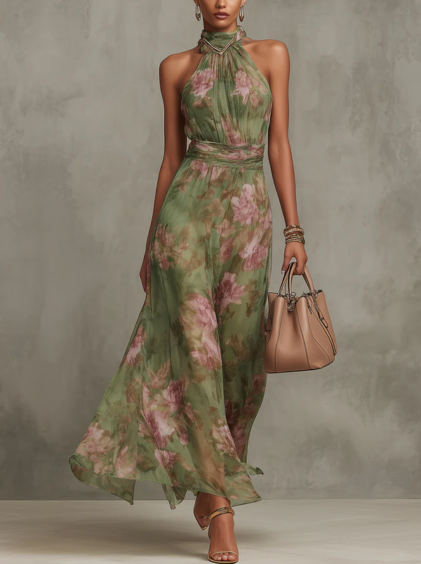 Serena™ | Robe longue verte à imprimé floral et encolure licou