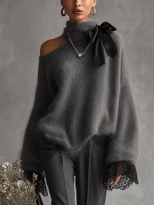Chandail en tricot de mohair gris à poignets en dentelle