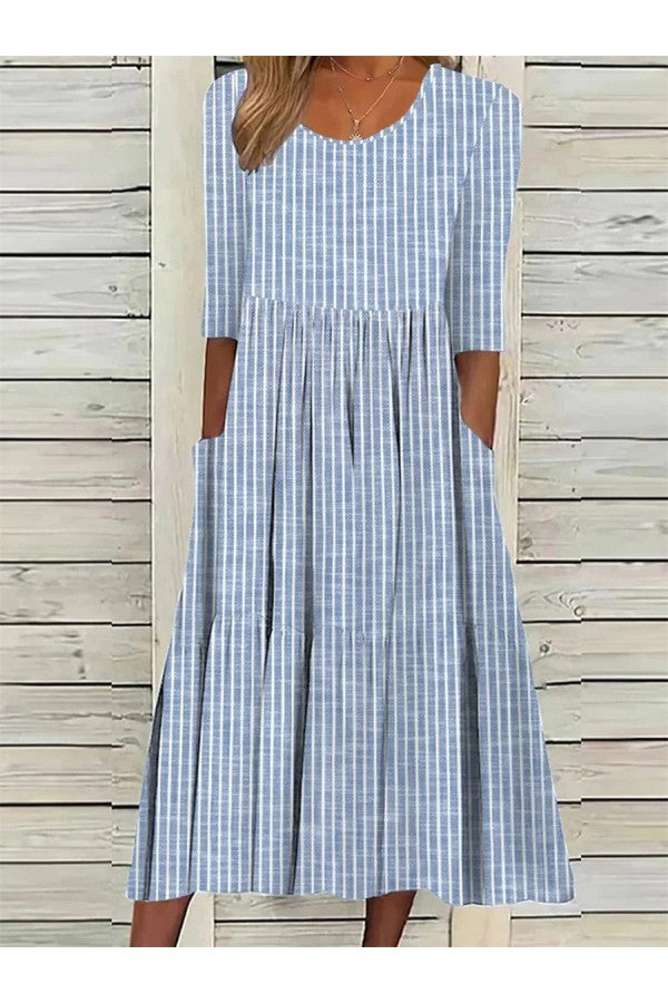 AMANDA | ROBE MIDI ÉLÉGANTE À RAYURES COUVRANT LE VENTRE