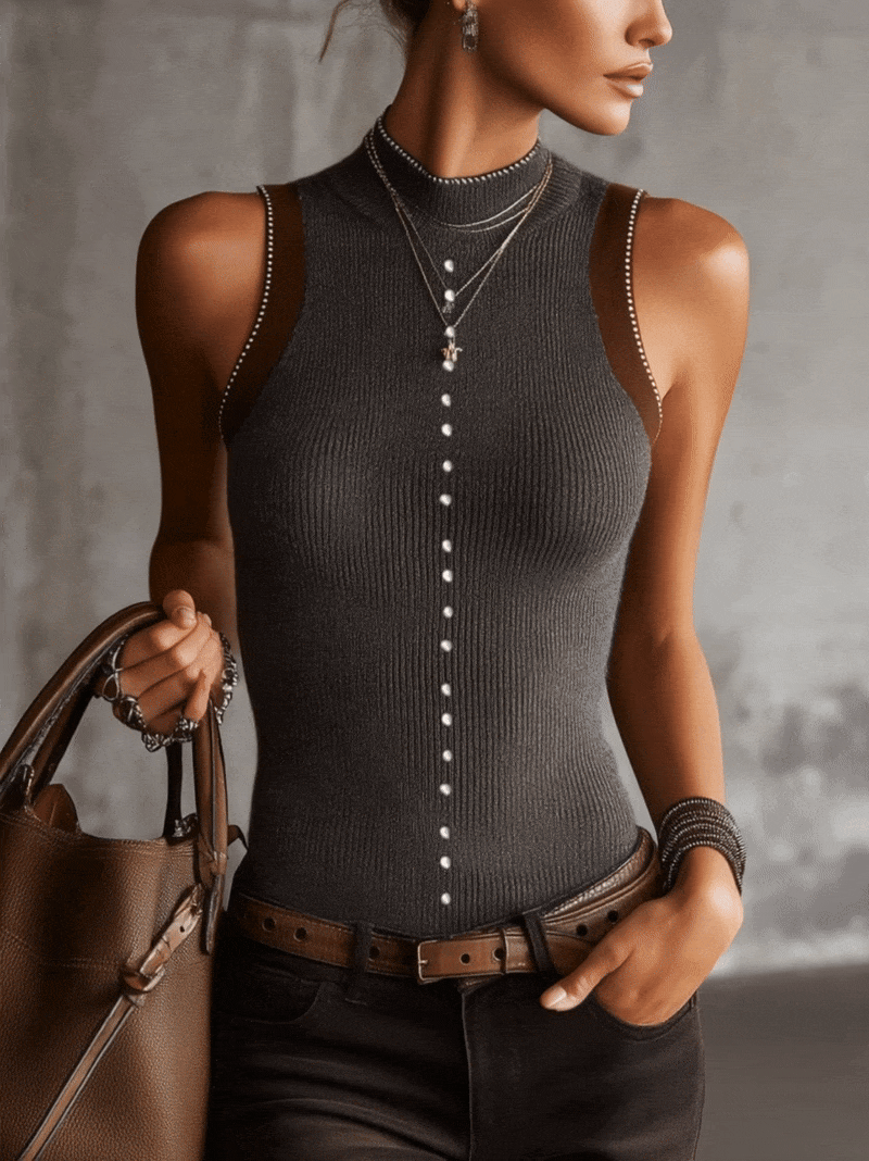 Camisole sans manches en tricot côtelé gris à boutons de perles
