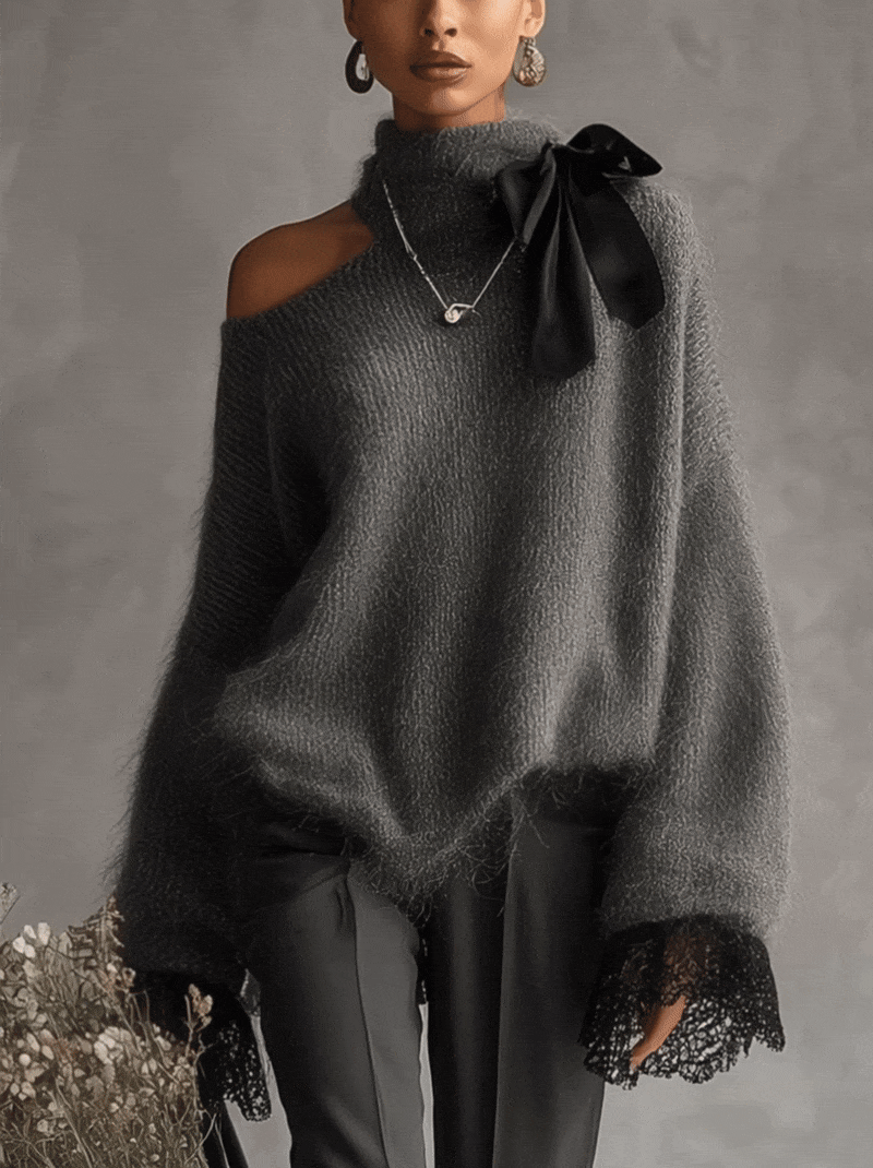 Chandail en tricot de mohair gris à poignets en dentelle