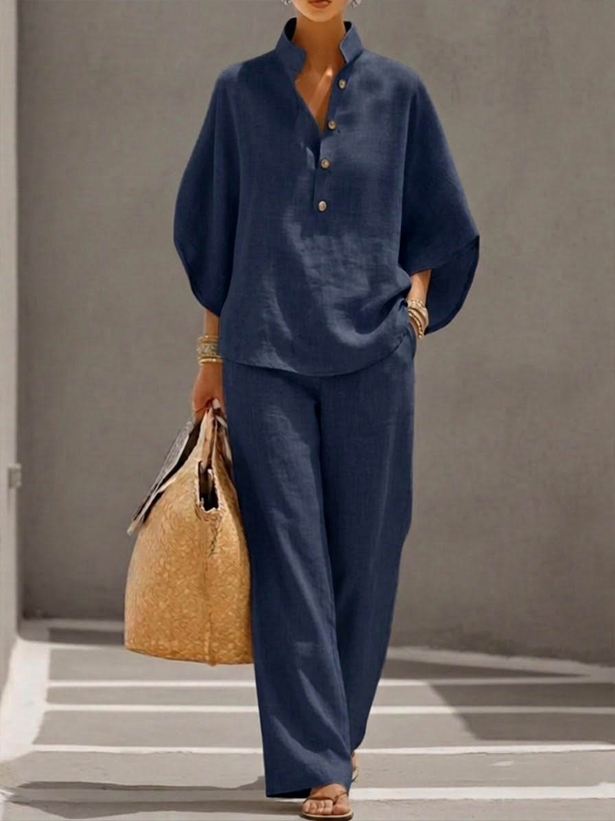 Mariel | Ensemble en lin complet à manches chauve-souris et pantalon large