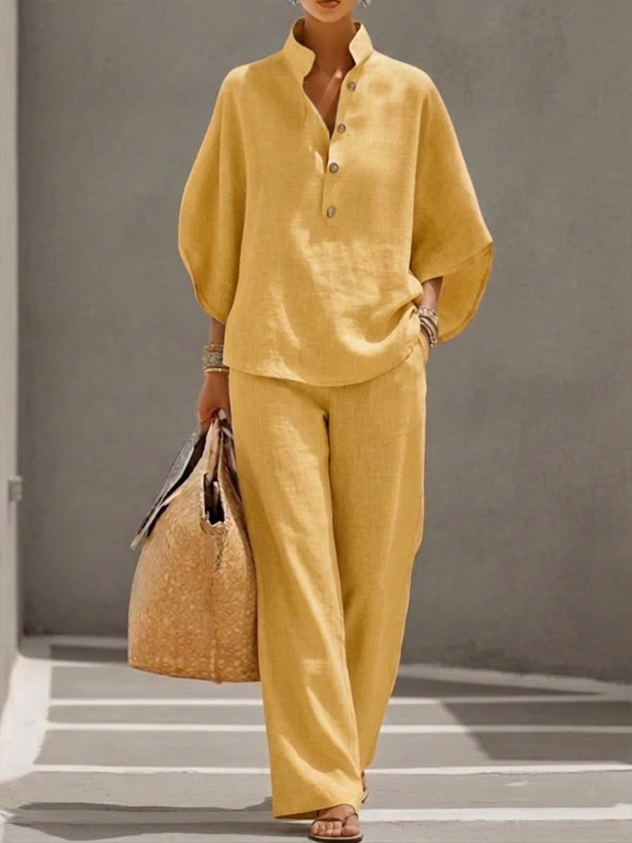 Mariel | Ensemble en lin complet à manches chauve-souris et pantalon large