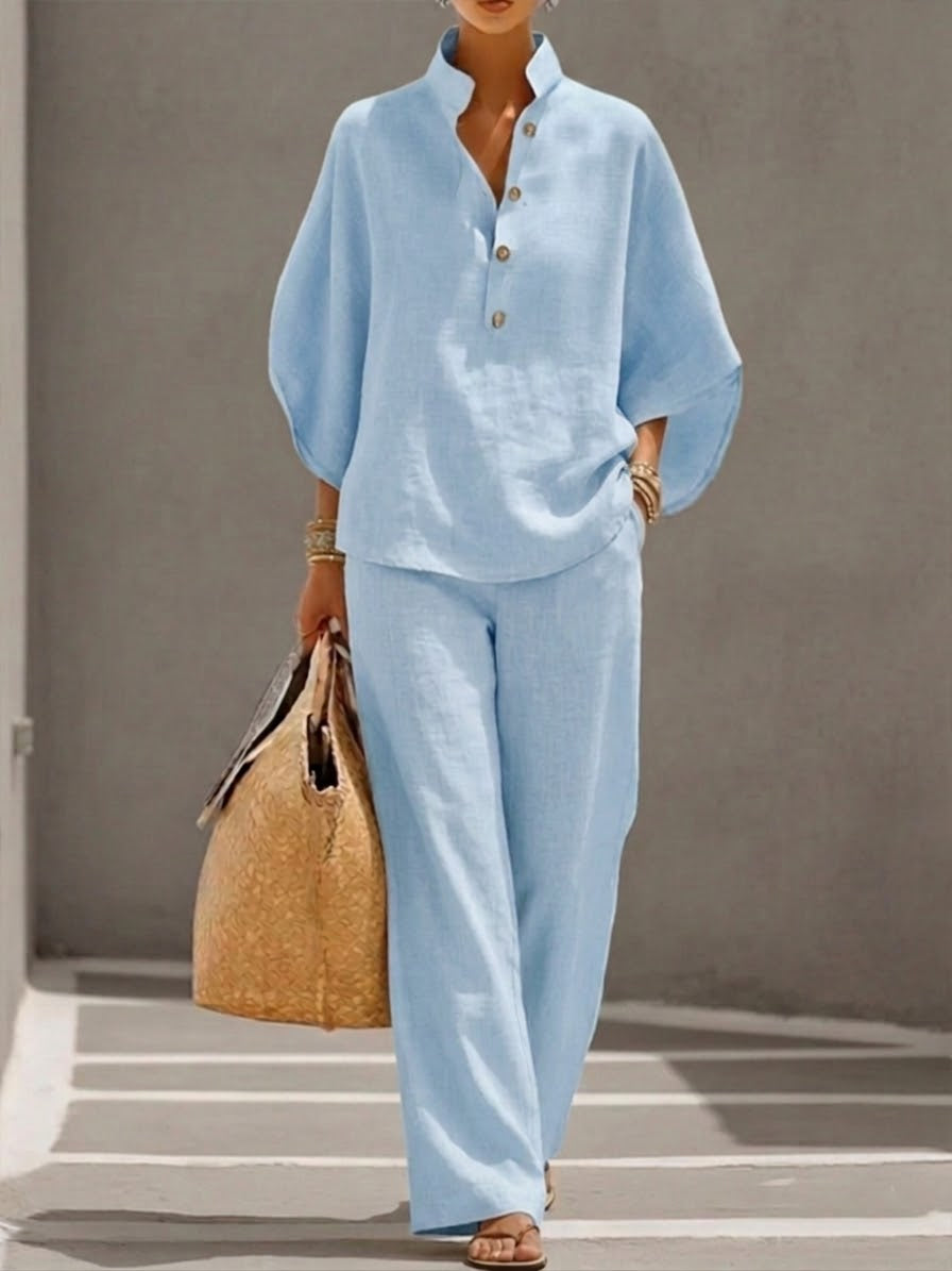 Mariel | Ensemble en lin complet à manches chauve-souris et pantalon large