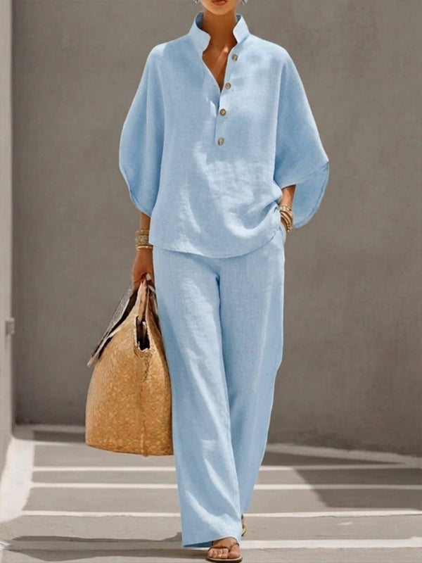 Mariel | Ensemble en lin complet à manches chauve-souris et pantalon large