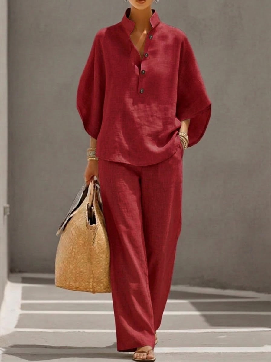 Mariel | Ensemble en lin complet à manches chauve-souris et pantalon large