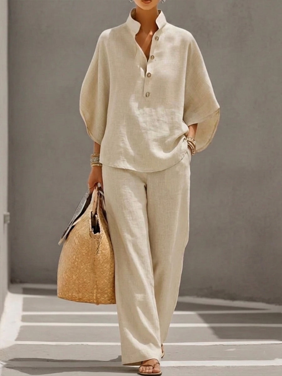 Mariel | Ensemble en lin complet à manches chauve-souris et pantalon large