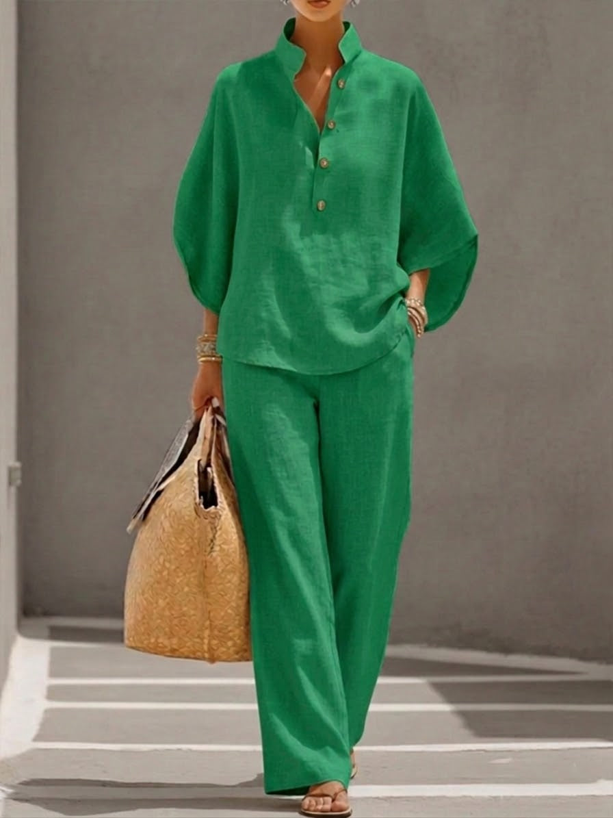 Mariel | Ensemble en lin complet à manches chauve-souris et pantalon large
